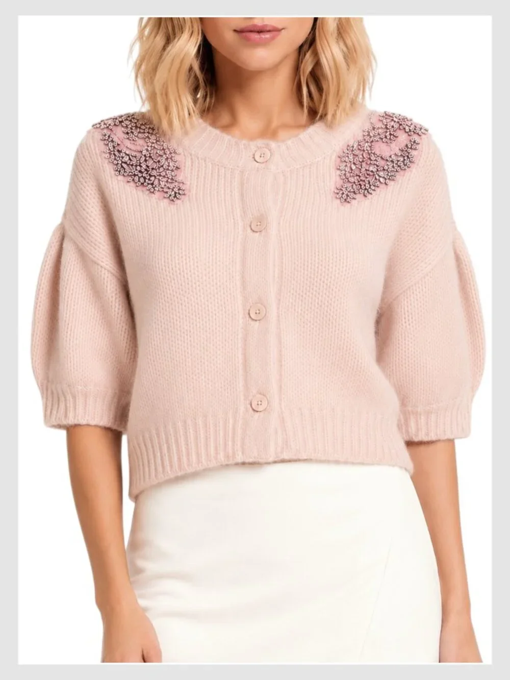 Cinq à Sept Millicent Pink Embellished Puff Sleeve Cardigan M